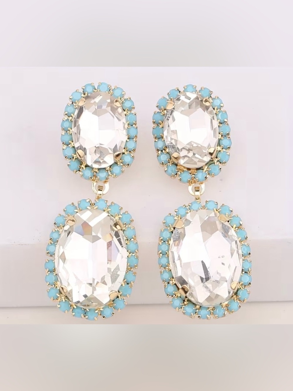 Gold-Tone Clear Crystal Drop Earrings with Aqua Accent Stones